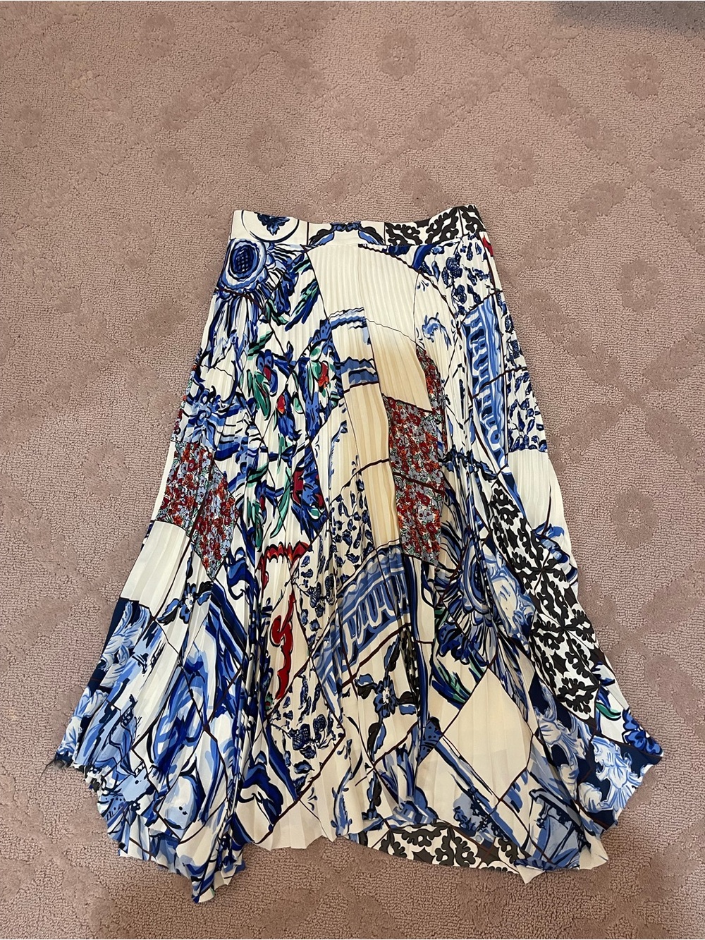 Tory Burch Blue, White & Red Printed Pleated Midi Skirt